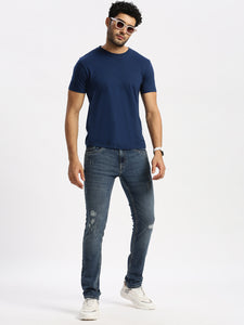 Slim Fit Mid Rise Light Navy Torn Jeans