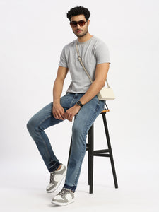 Slim Fit Mid Rise  Ice Blue Torn Jeans