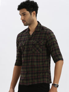 Cuban Collar Dk Green Check Regular Fit Shirt