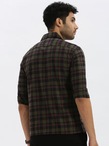 Cuban Collar Dk Green Check Regular Fit Shirt