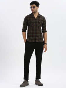 Cuban Collar Dk Green Check Regular Fit Shirt