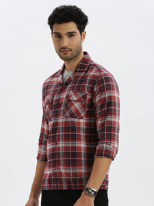 Cuban Collar Burgundy Check Regular Fit Shirt