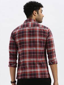 Cuban Collar Burgundy Check Regular Fit Shirt