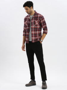 Cuban Collar Burgundy Check Regular Fit Shirt