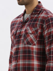 Cuban Collar Burgundy Check Regular Fit Shirt