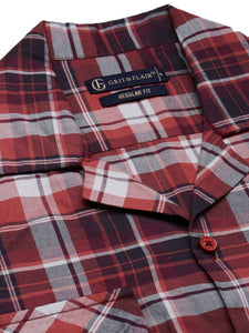 Cuban Collar Burgundy Check Regular Fit Shirt