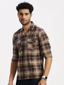 Cuban Collar Terra Cota Check Regular Fit Shirt