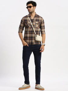 Cuban Collar Terra Cota Check Regular Fit Shirt