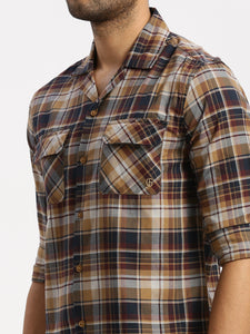 Cuban Collar Terra Cota Check Regular Fit Shirt