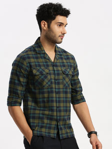 Cuban Collar Navy Blue Check Regular Fit Shirt