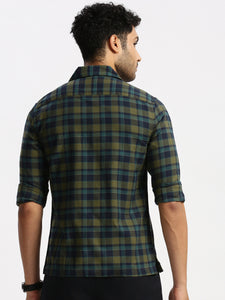 Cuban Collar Navy Blue Check Regular Fit Shirt