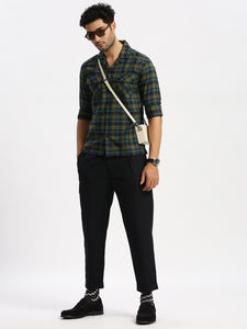 Cuban Collar Navy Blue Check Regular Fit Shirt