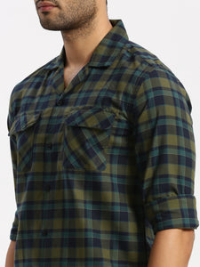 Cuban Collar Navy Blue Check Regular Fit Shirt