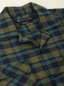 Cuban Collar Navy Blue Check Regular Fit Shirt