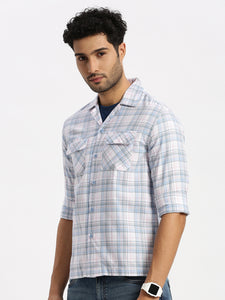 Cuban Collar Lt Blue Check Regular Fit Shirt