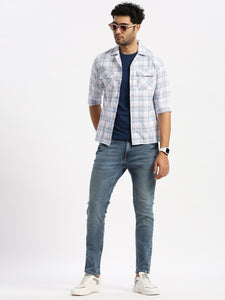 Cuban Collar Lt Blue Check Regular Fit Shirt