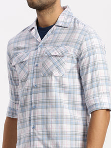 Cuban Collar Lt Blue Check Regular Fit Shirt