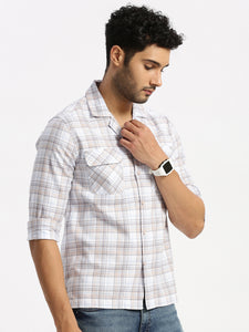 Cuban Collar Lt Brown Check Regular Fit Shirt