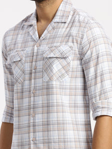 Cuban Collar Lt Brown Check Regular Fit Shirt