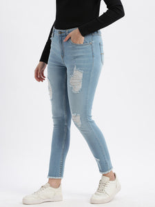 Ice Blue Mid Rise Super Skinny Fit Ripped Denim Jeans