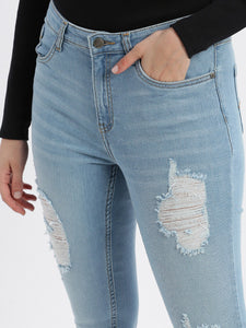 Ice Blue Mid Rise Super Skinny Fit Ripped Denim Jeans