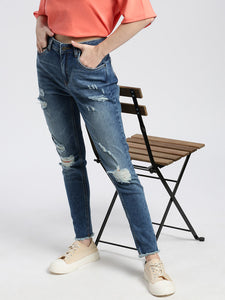 Blue Mid Rise Super Skinny Fit Ripped Denim Jeans