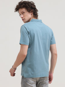 After Hours Mercerised Smoke Blue Cotton  Interlock Polo T-Shirt