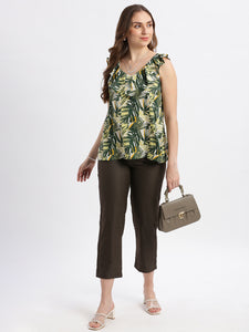 Ruffle V- Neck Hip Olive Length Blouse