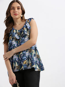 Ruffle V- Neck Hip Length Blouse