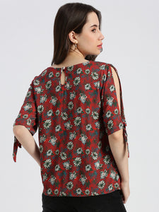 Terracotta Floral Print Elbow Sleeves Cut-Out with Tie-Up Blouse