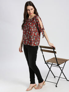 Terracotta Floral Print Elbow Sleeves Cut-Out with Tie-Up Blouse