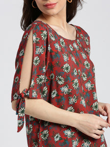 Terracotta Floral Print Elbow Sleeves Cut-Out with Tie-Up Blouse