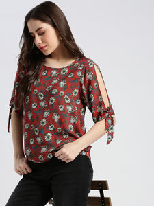 Terracotta Floral Print Elbow Sleeves Cut-Out with Tie-Up Blouse