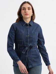 Dark Blue Tie Up At Waist Denim Jackets