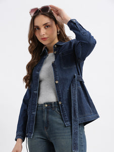 Dark Blue Tie Up At Waist Denim Jackets