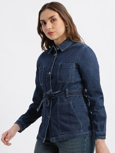 Dark Blue Tie Up At Waist Denim Jackets