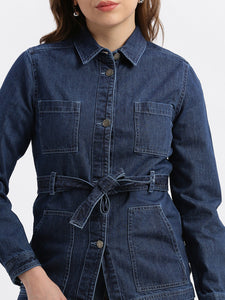 Dark Blue Tie Up At Waist Denim Jackets