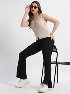 High Rise Fit & Flare Rib Knit Pants