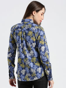 Blue indigo Tropical leaf Cotton Shirt