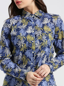 Blue indigo Tropical leaf Cotton Shirt