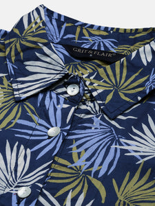 Blue indigo Tropical leaf Cotton Shirt